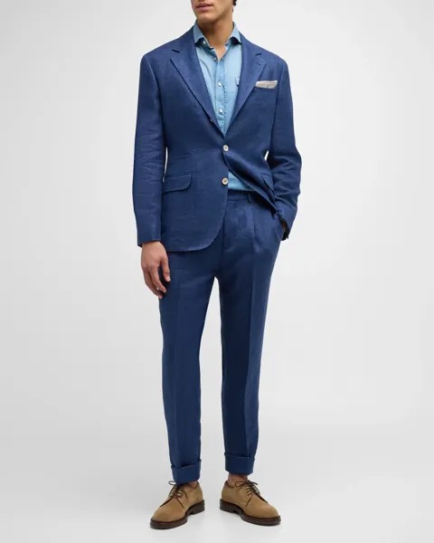 Мужской костюм из льна, шерсти и шелка Brunello Cucinelli, цвет Indigo