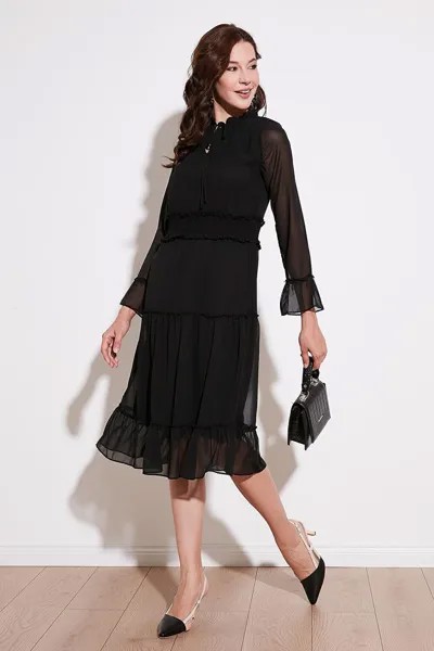 Платье из тканого шифона стандартной длины миди с рукавами из тюля 611EL114 Lela, черный