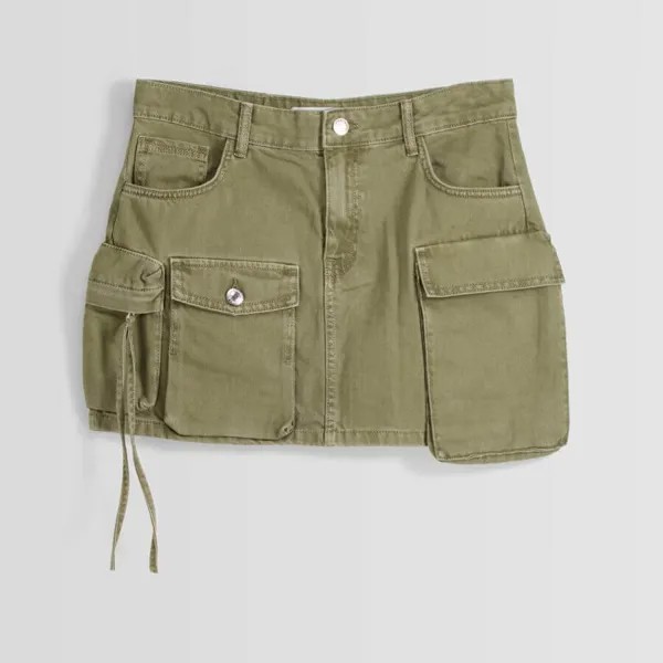 Юбка Bershka Multi-Pocket Twill Mini, хаки