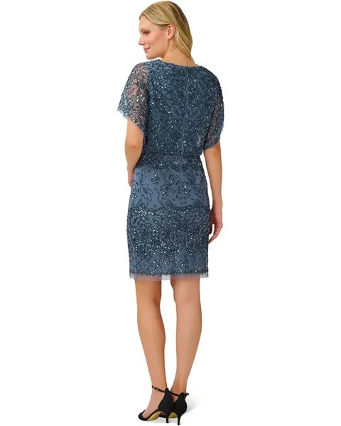 Платье Adrianna Papell Flutter Sleeve Beaded Cocktail Dress, цвет Dusty Blue
