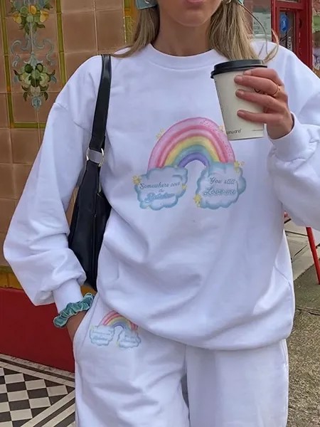 Milanoo Women Hoodie White Long Sleeves Rainbow Printed Pattern Piping Cotton Hooded Sweatshirt