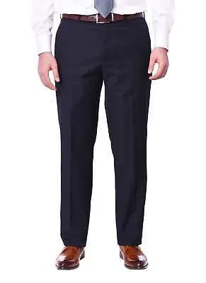 Мужские классические однотонные темно-синие моющиеся классические брюки с плоской передней частью и предварительно подшитыми краями