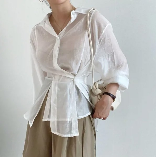 Женская Асимметричная блузка с принтом манго, белая Солнцезащитная одежда в Корейском стиле, женский топ с отворотом и тонкой пряжкой, осен...
