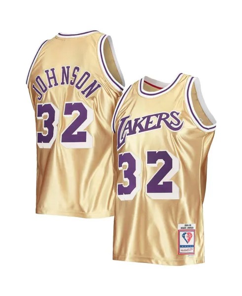 Мужская футболка magic johnson gold los angeles lakers 75th anniversary 1984-85 hardwood classics swingman jersey Mitchell & Ness