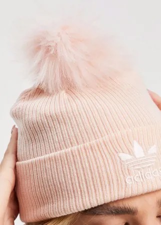 Розовая шапка-бини с помпоном из искусственного меха и логотипом adidas Originals-Розовый