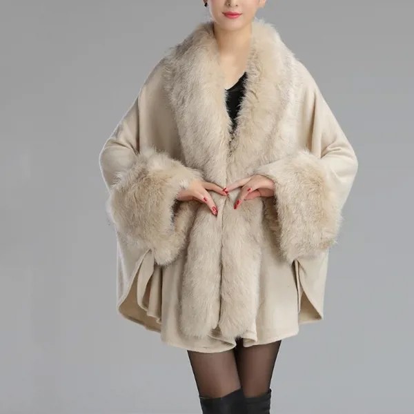 Женское зимнее пальто, куртка, роскошная шаль из искусственного меха для невесты, свадебная накидка, вязаный кардиган, плащ, пальто