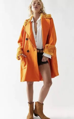 Шерстяное пальто Free People Roxy с меховой отделкой передних карманов, оранжевый M NWT