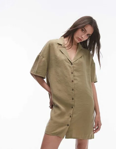 Topshop – Платье-рубашка цвета хаки на пуговицах цвета хаки