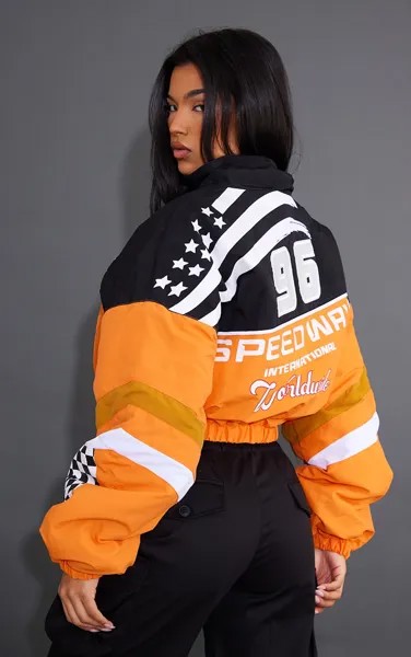 PrettyLittleThing Оранжевый укороченный бомбер свободного кроя на молнии с надписью Racer
