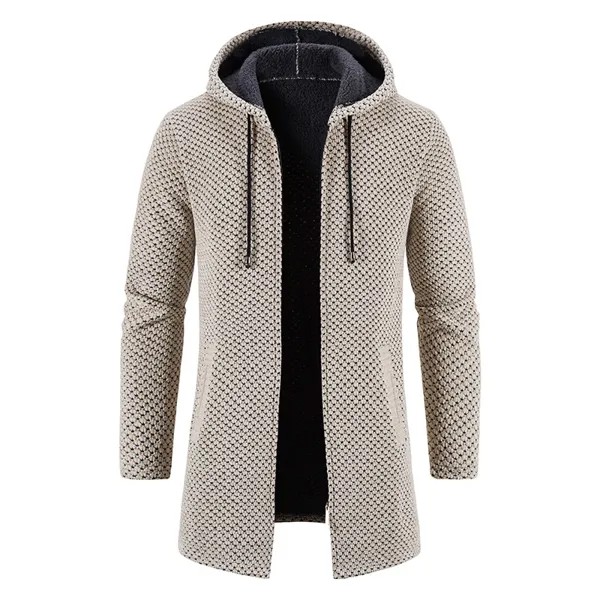 Шерстяное пальто, мужской повседневный вязаный свитер с капюшоном, кардиган на молнии, однотонный Теплый Зимний деловой свитер с капюшоном