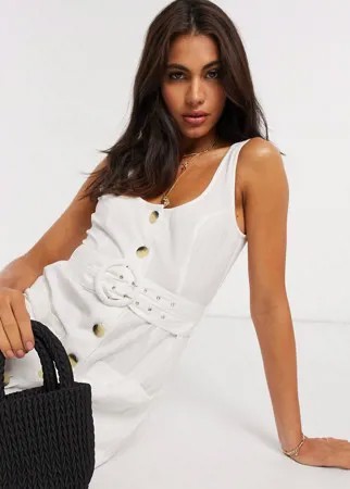 Белый сарафан мини с добавлением льна, пуговицами и поясом ASOS DESIGN