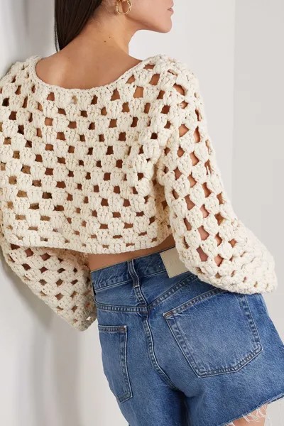 LOVESHACKFANCY Укороченный вязаный свитер Keely из хлопка, белый