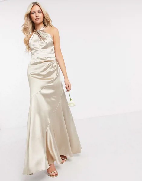 Атласное вечернее платье макси с горловиной халтер, юбкой со вставками и вырезом-капелькой ASOS DESIGN Bridesmaid-Бежевый