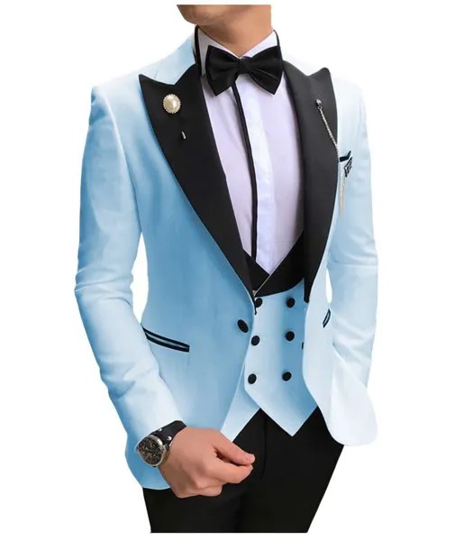 Новейшие мужские костюмы светильник-голубые и Черные смокинги для жениха пиковые лацканы мужские свадебные 3 предмета (пиджак + брюки + жилет + галстук-бабочка) D234