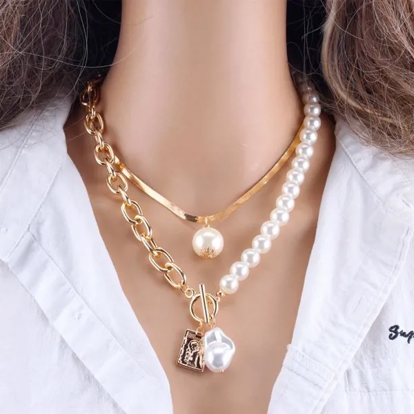Двойное женское ожерелье-цепь с искусственным жемчугом