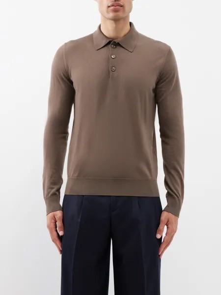 Шерстяной свитер-поло с длинными рукавами Giorgio Armani, коричневый
