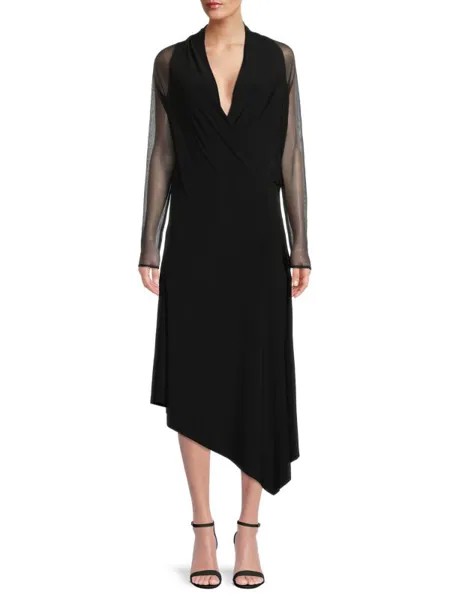 Асимметричное платье миди с сетчатыми рукавами Donna Karan Black