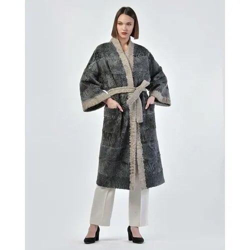 Пальто LANGIOTTI, каракуль, силуэт прямой, пояс/ремень, размер 42, бежевый