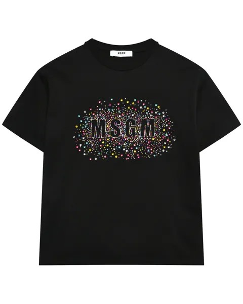Футболка со стразами на логотипе, черная MSGM