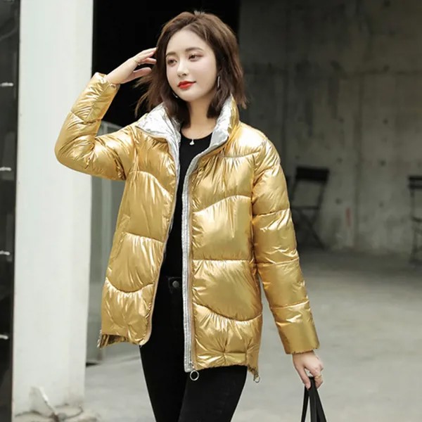 Блестящая золотая куртка-пуховик, Женская парка с воротником-стойкой и длинным рукавом, Корейская одежда на молнии, женская верхняя одежда
