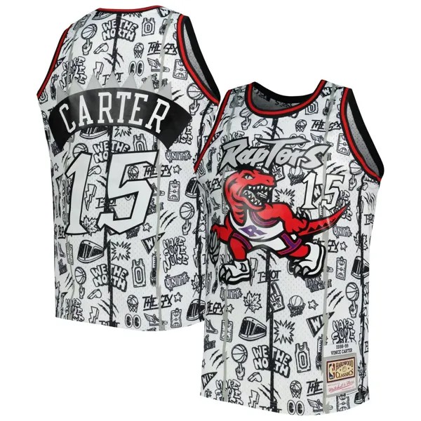 Мужская белая майка Mitchell & Ness Vince Carter Toronto Raptors 1998-99 гг. из твердой древесины Classics Doodle Swingman