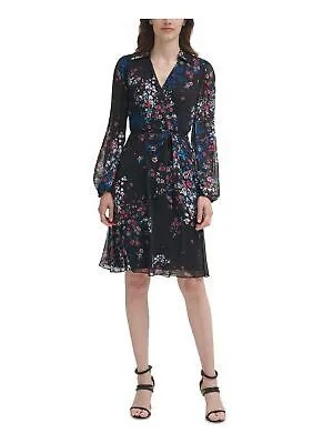 DKNY Womens Black Tie Belt с пышными рукавами выше колена Faux Wrap Dress 6