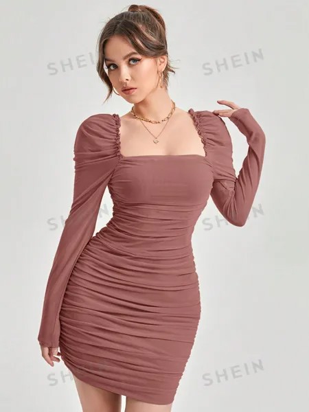 SHEIN Privé женское элегантное облегающее платье с лебединым вырезом и длинными рукавами, редвуд