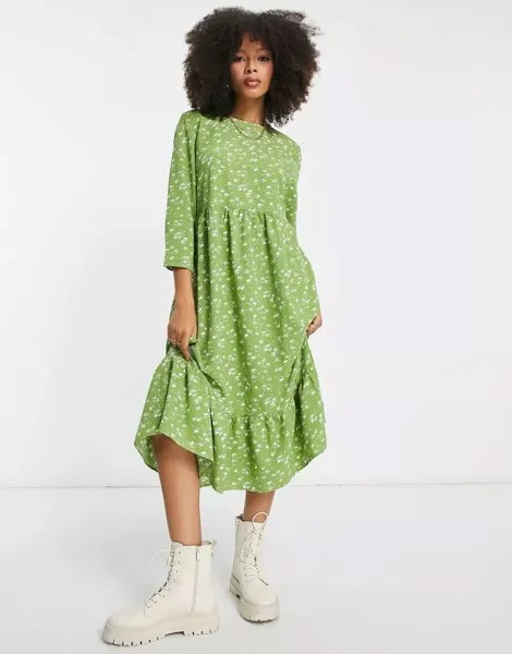 Гламурное свободное платье макси с длинными рукавами зеленого цвета с белым цветочным принтом Glamorous