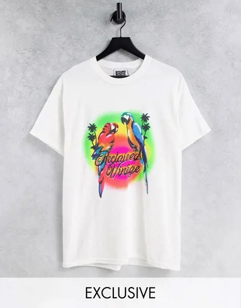 Oversized-футболка с аэрографикой с попугаями в стиле 2000-х Reclaimed Vintage Inspired-Белый