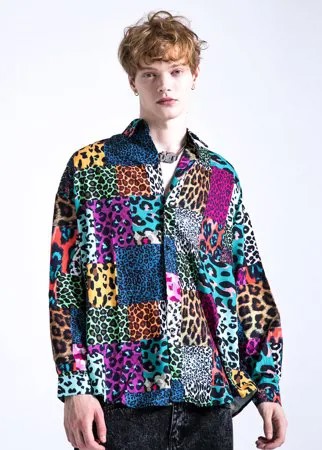 Мужской Рубашка с леопардовым принтом пэчворк