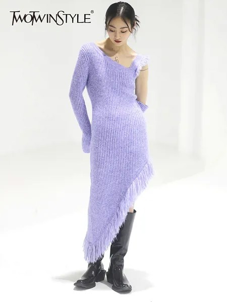 TWOTWINSTYLE Split Patchwork Tassel Dresses For Women Square Collar Long Sleeve High Waist Hollow Out Knitted Dress Female New