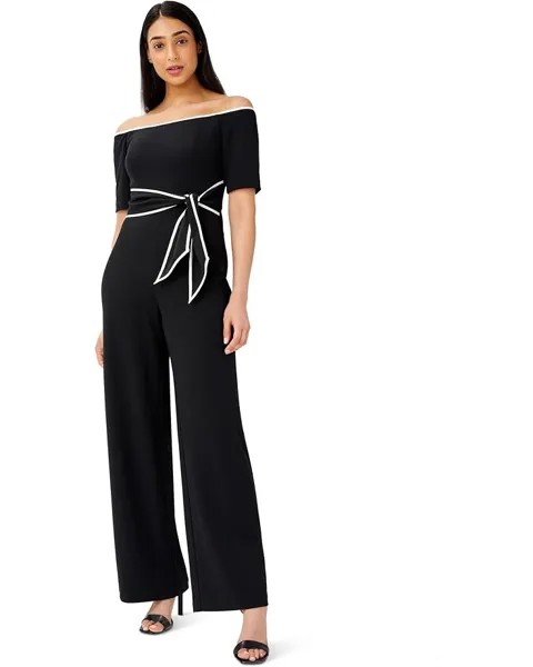 Комбинезон Adrianna Papell Off-the-Shoulder Knit Crepe Tie Waist Jumpsuit, черный