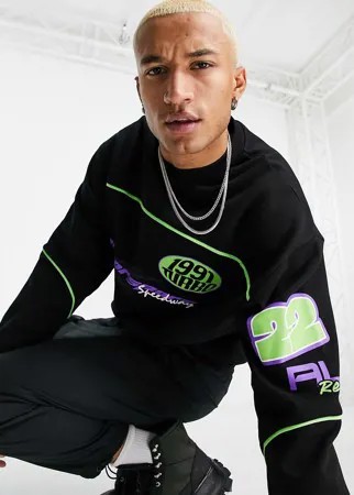 Oversized-свитшот черного цвета с окантовкой и принтами на тему мотокросса ASOS DESIGN-Черный цвет