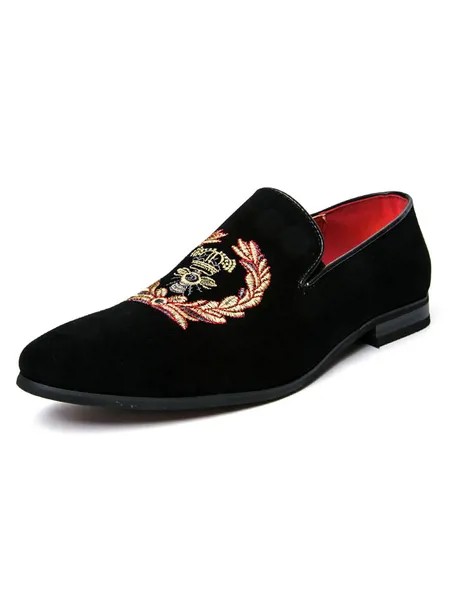 Milanoo Mens Black Suede Embroidered Slip On Loafers Casual Shoes