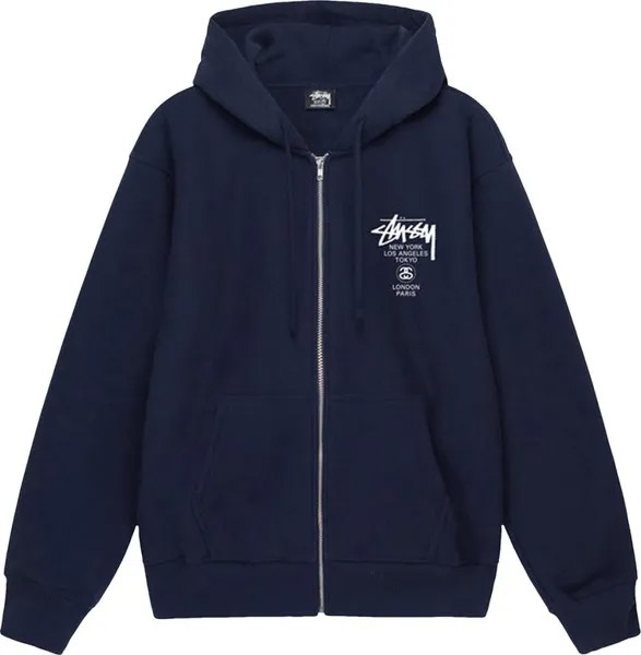 Худи Stussy World Tour Zip Hoodie 'Navy', синий