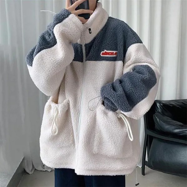 Мужская осень и зима Fleece Plus Толстый Большой Размер Свободная стойка Воротник Ягненок Флисовая куртка Теплый топ