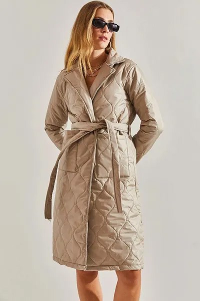 Женское стеганое пальто с двойным карманом и поясом SHADE, норка