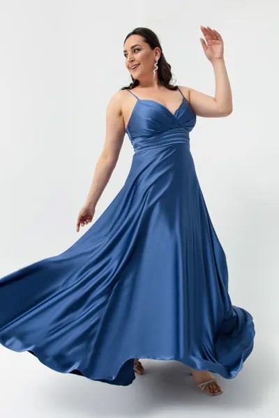 Женское атласное длинное вечернее платье и выпускное платье больших размеров на бретельках цвета индиго Lafaba, темно-синий