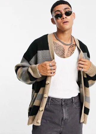 Вязаный кардиган в полоску в стиле колор блок ASOS DESIGN-Светло-бежевый цвет