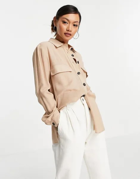 Светло-бежевая рубашка со складками и роговыми пуговицами ASOS DESIGN-Нейтральный