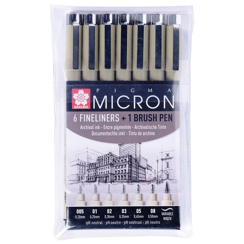 SAKURA Набор капиллярных ручек 6 Pigma MIcron+1 Pigma Brush, 7 шт (POXSDK7B), черный цвет чернил