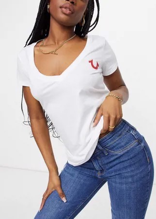Белая футболка узкого кроя с V-образным вырезом и принтом True Religion-Белый