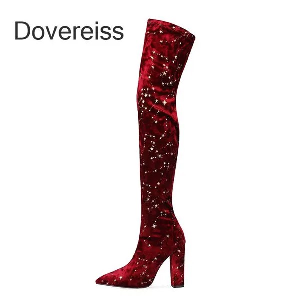Женские однотонные Сапоги выше колена, красные сапоги на молнии, с острым носком, на массивном каблуке, зимние, большие размеры 46 47
