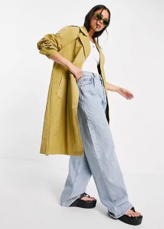 Двубортный oversized-тренч цвета охры Object-Зеленый цвет