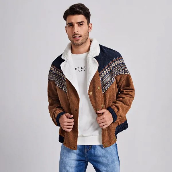 Для мужчины Куртка контрастный контрастный геометрический лента на плюшевой подкладке из вельвета