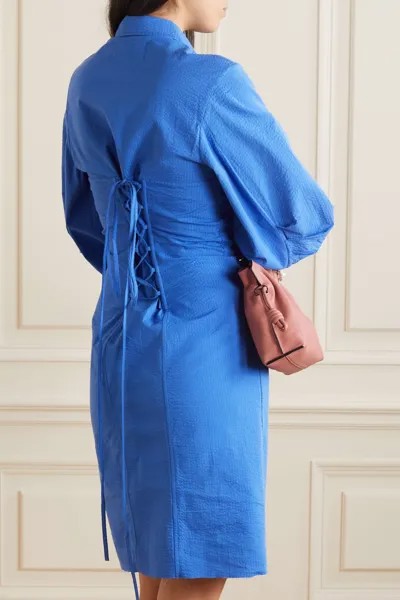 MARQUES' ALMEIDA Платье-рубашка мини из хлопка сирсакер на шнуровке, синий