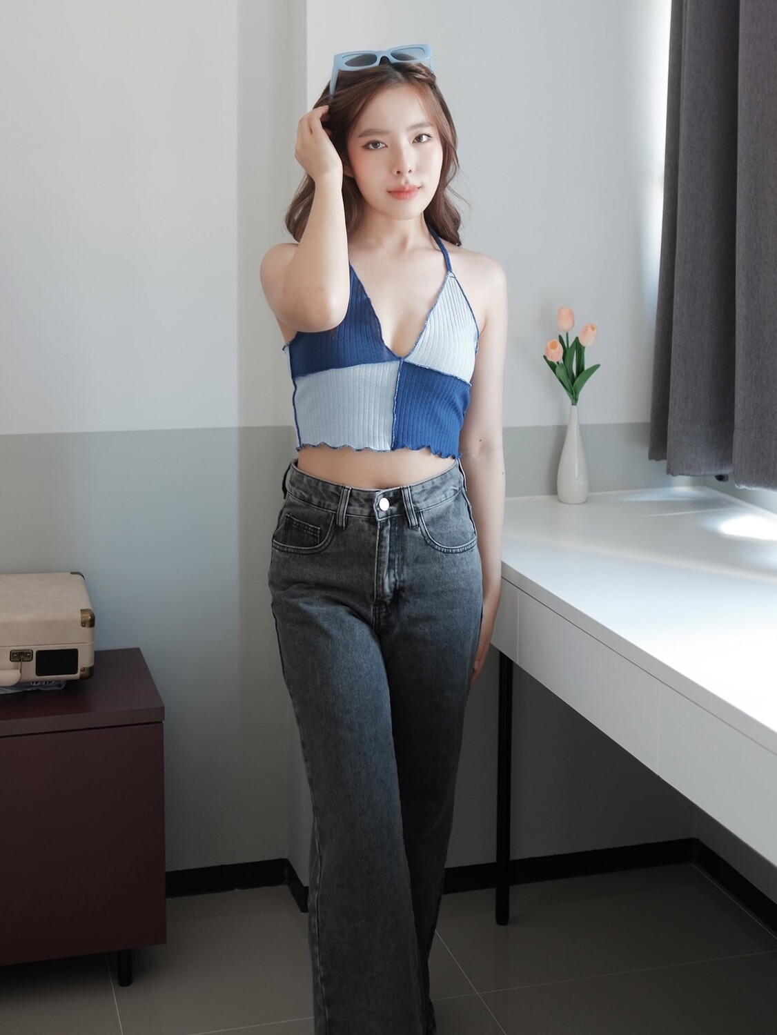 SHEIN EZwear рубашка с воротником-бретелькой, неровные края, колор-блок, цвет синий