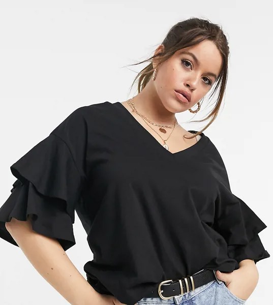 Черная oversized-футболка с оборками на рукавах Simply Be-Черный