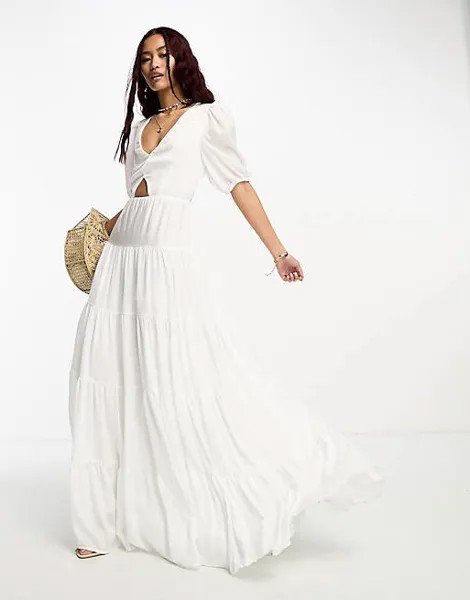 Белое платье макси с вырезами и пышными рукавами Style Cheat