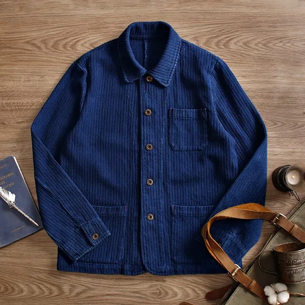Мужская винтажная куртка-карго цвета индиго, тяжелая хлопковая синяя окрашенная рабочая одежда, куртка для инструмента, Французский Ретро ...